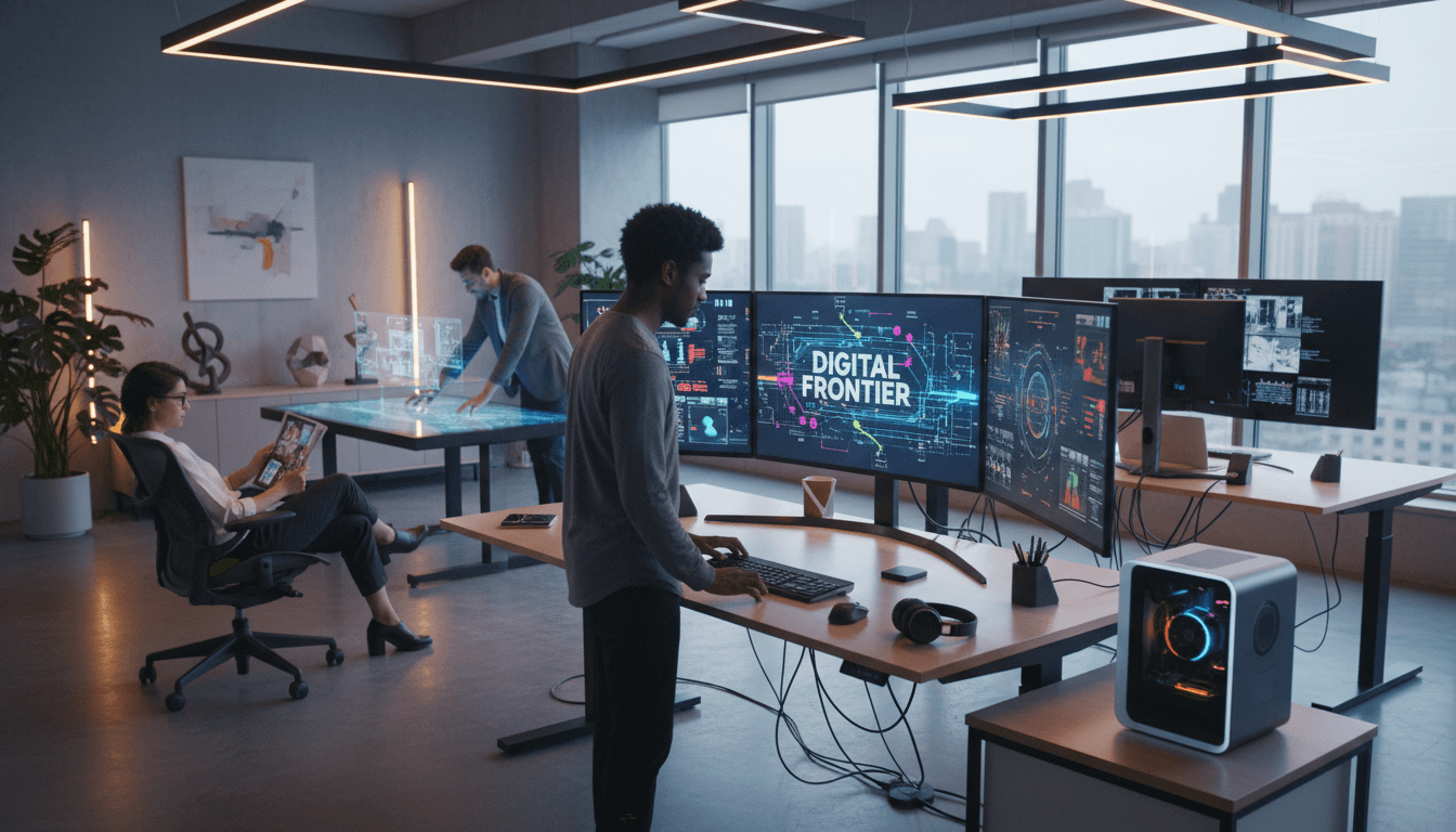 User engaged with multi-screen NEXUS dashboard showing integrated AI and security services