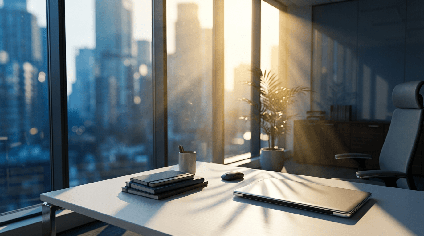 Modern tech workspace with laptop displaying professional dashboard